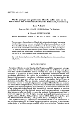 BASTERIA, 15-27, 2000 Polytypic and Problematic Systematics (Gastropoda, Pulmonata, Clausiliidae) Dubia Draparnaud, 1805, Is