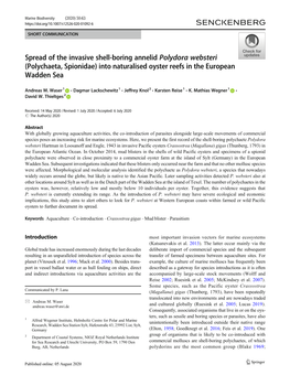 Spread of the Invasive Shell-Boring Annelid Polydora Websteri (Polychaeta, Spionidae) Into Naturalised Oyster Reefs in the European Wadden Sea