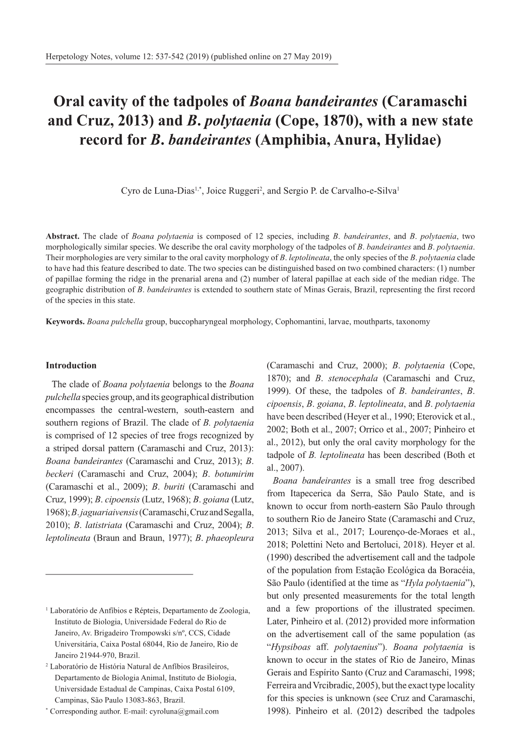 Oral Cavity of the Tadpoles of Boana Bandeirantes (Caramaschi and Cruz, 2013) and B