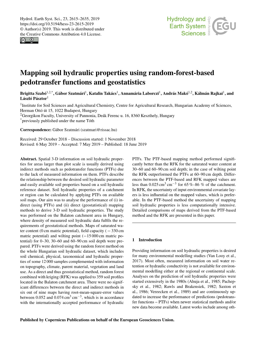 Mapping Soil Hydraulic Properties Using Random-Forest-Based Pedotransfer Functions and Geostatistics