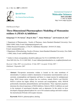 Three Dimensional Pharmacophore Modelling of Monoamine Oxidase-A (MAO-A) Inhibitors