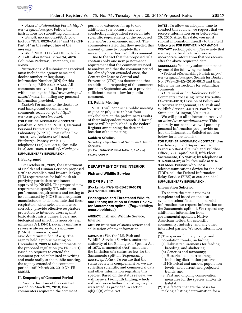 Federal Register/Vol. 75, No. 75/Tuesday, April 20, 2010