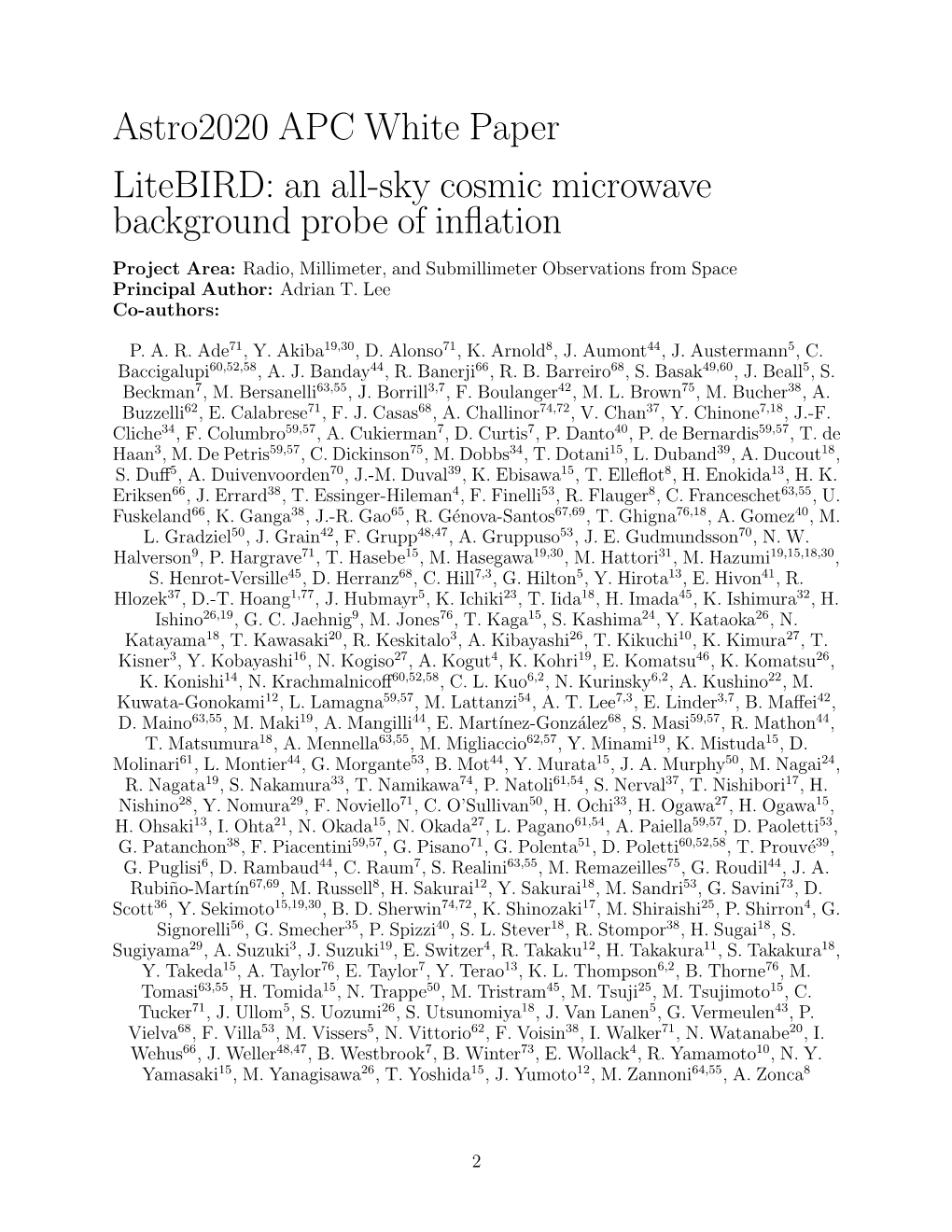 Astro2020 APC White Paper Litebird: an All-Sky Cosmic Microwave Background Probe of Inﬂation