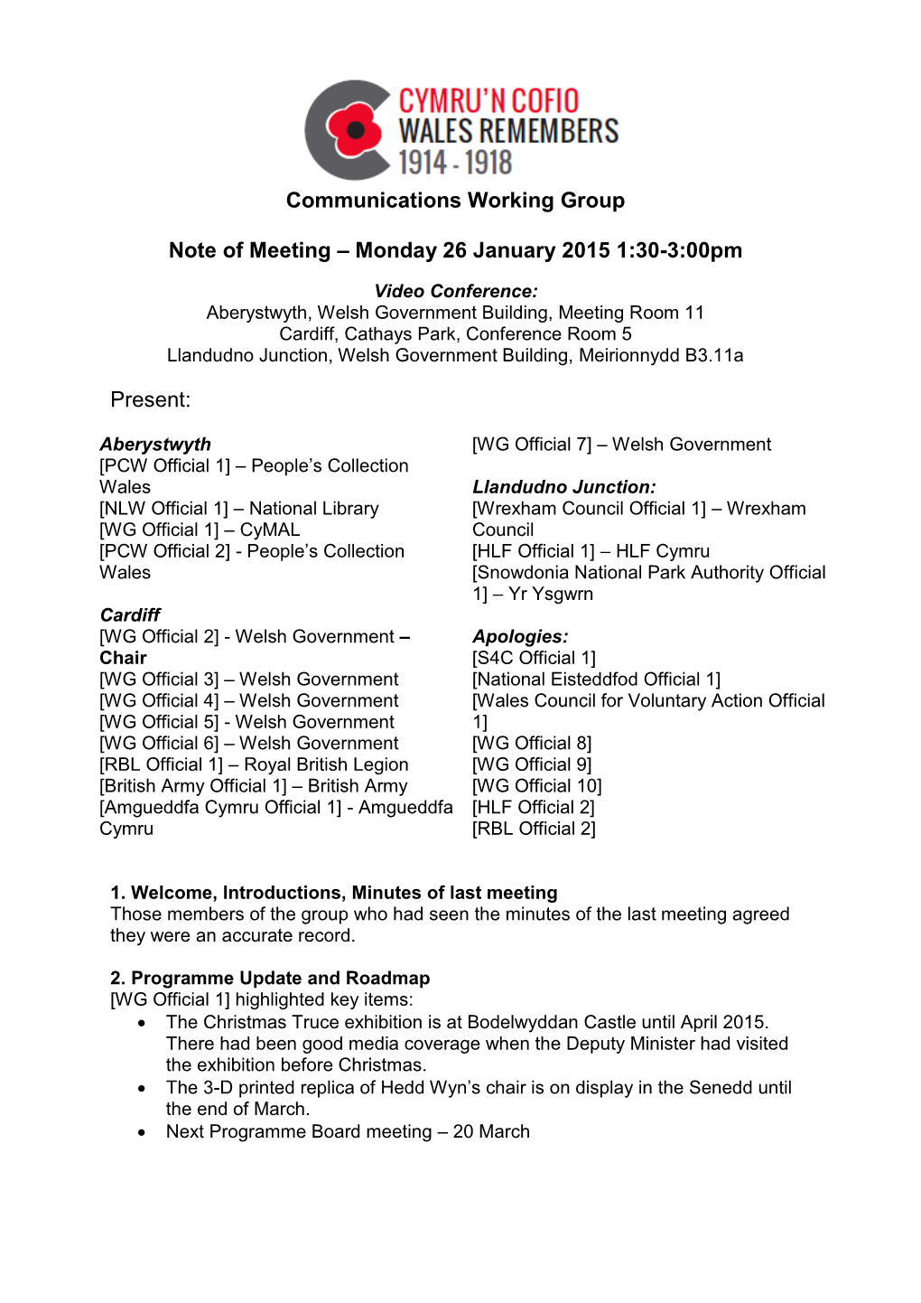 Note of Meeting – Monday 26 January 2015 1:30-3:00Pm