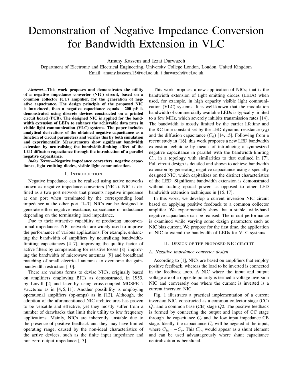 Demonstration of Negative Impedance Conversion for Bandwidth Extension in VLC