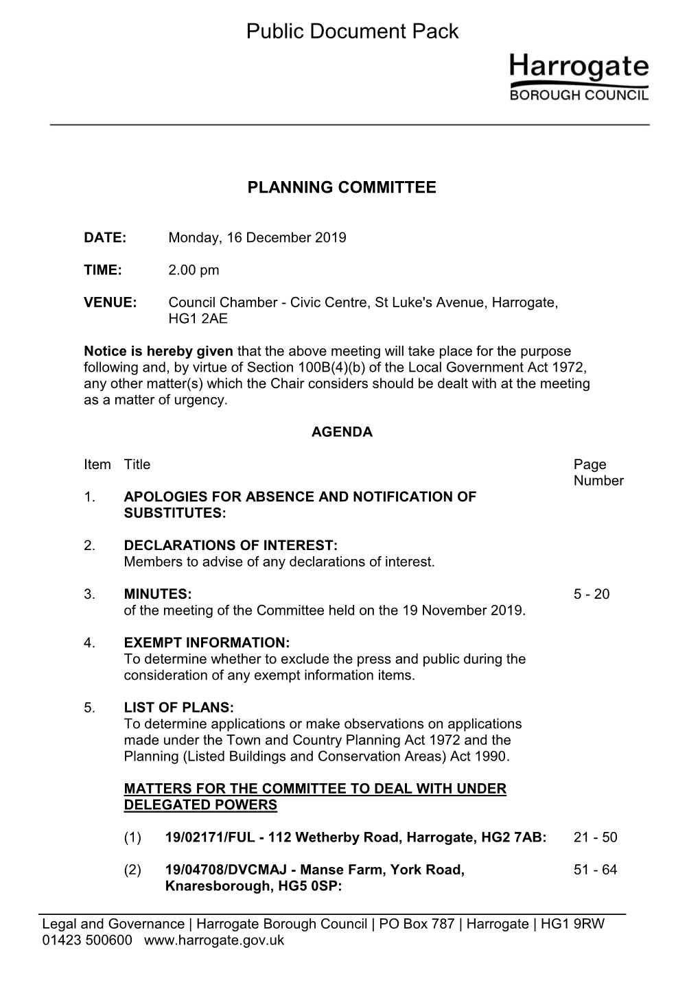 (Public Pack)Agenda Document for Planning Committee, 16/12/2019