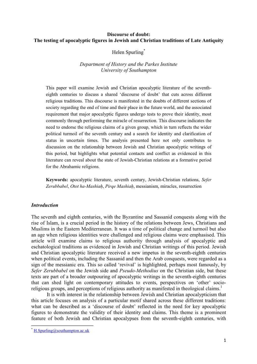 Discourse of Doubt: the Testing of Apocalyptic Figures in Jewish and Christian Traditions of Late Antiquity