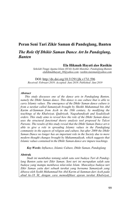 Peran Seni Tari Zikir Saman Di Pandeglang, Banten the Role of Dhikir Saman Dance Art in Pandeglang, Banten