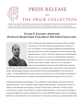 Xavier F. Salomon Appointed Peter Jay Sharp Chief Curator of the Frick Collection