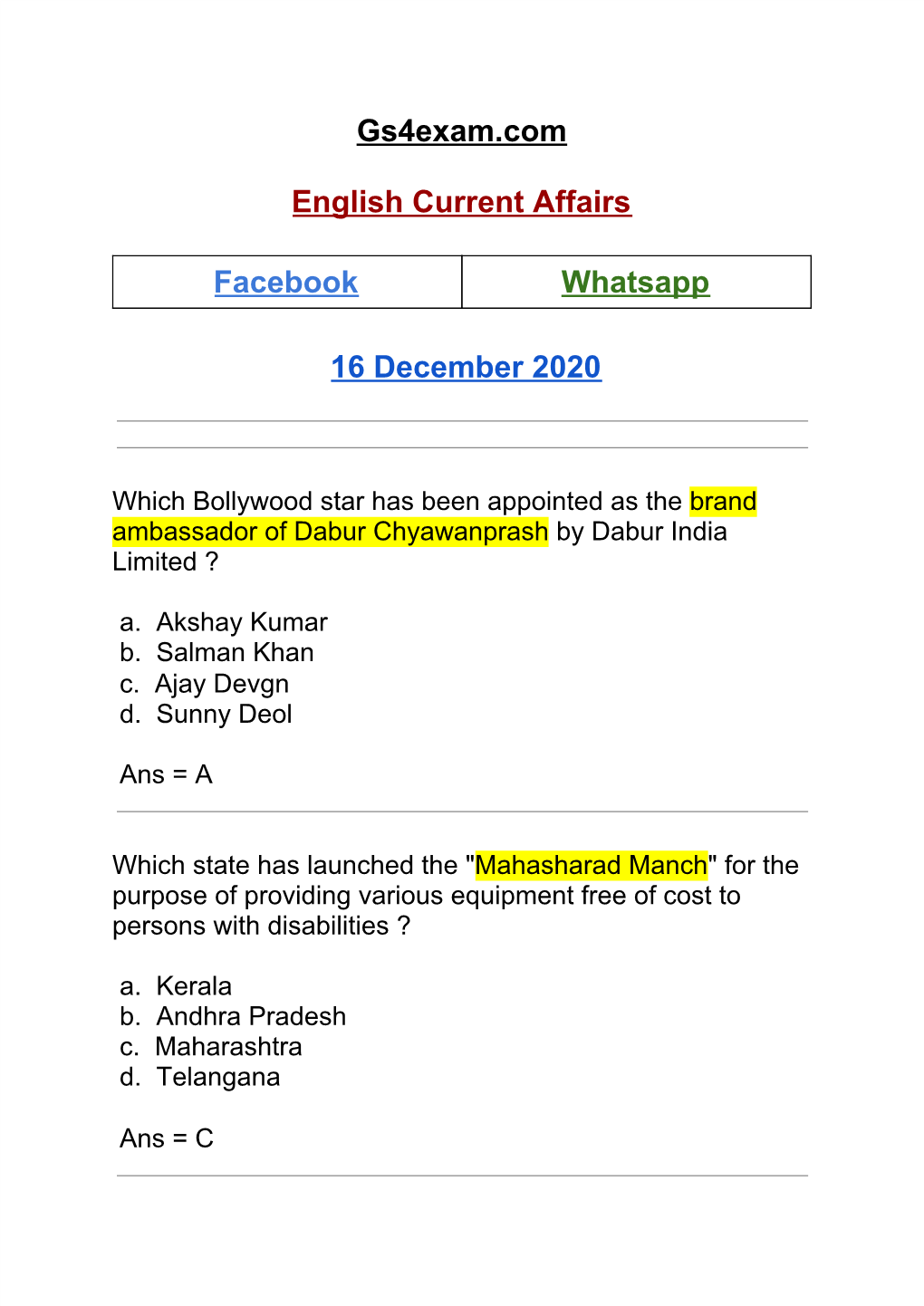 Gs4exam.Com English Current Affairs ​16 December 2020 Facebook