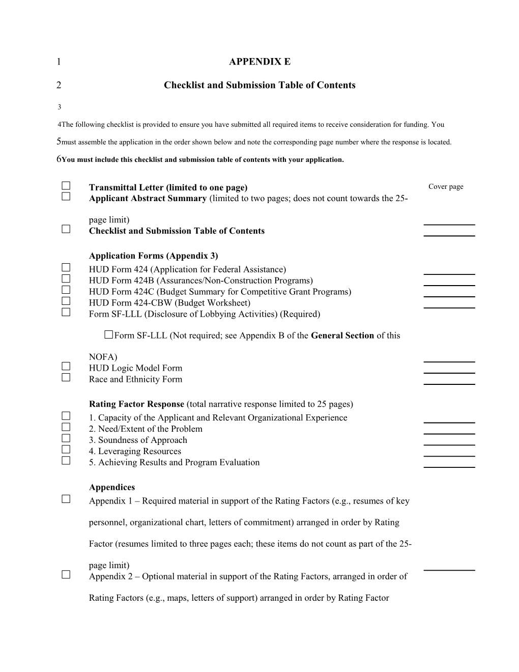 Checklist and Submission Table of Contents