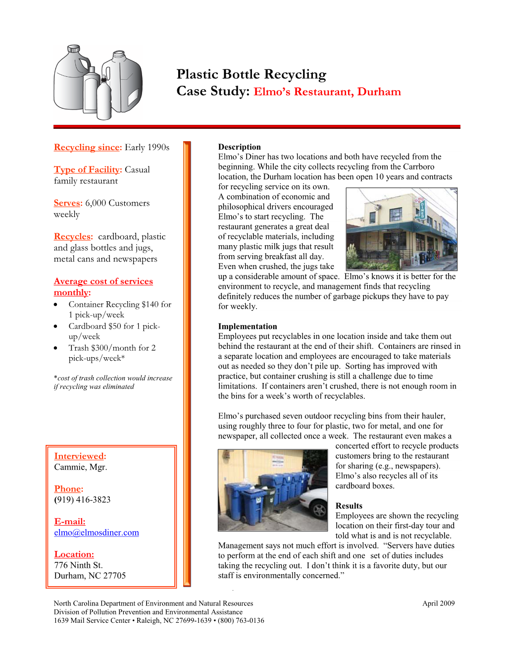 Plastic Bottle Recycling Case Study: Elmo's Restaurant, Durham