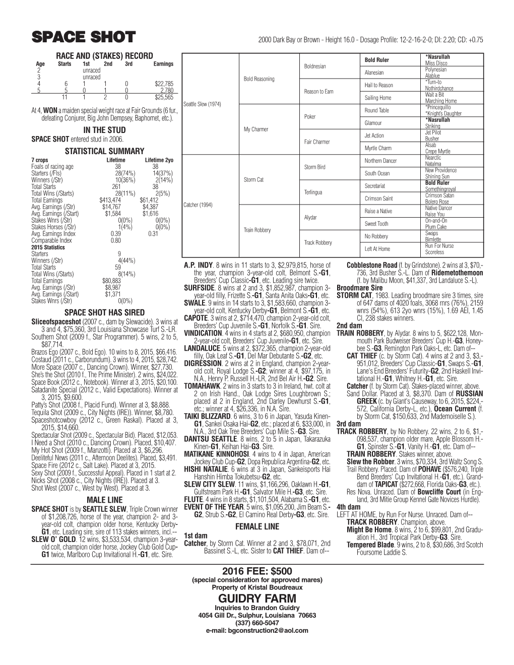 SPACE SHOT 2000 Dark Bay Or Brown - Height 16.0 - Dosage Profile: 12-2-16-2-0; DI: 2.20; CD: +0.75