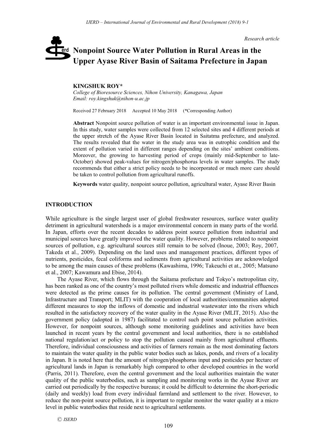 Nonpoint Source Water Pollution in Rural Areas in the Upper Ayase River Basin of Saitama Prefecture in Japan