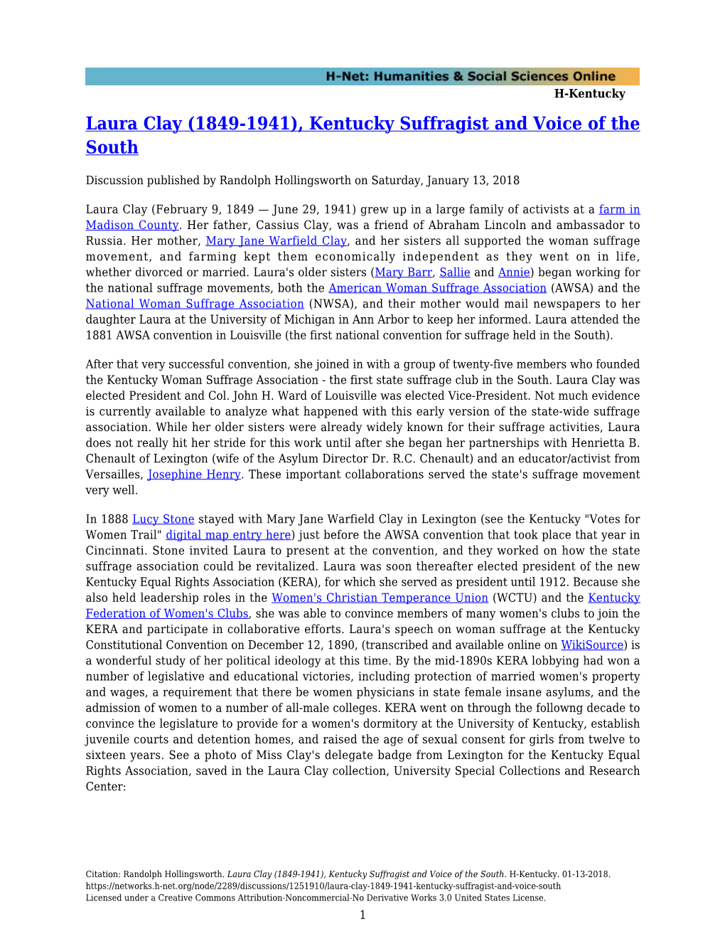 Laura Clay (1849-1941), Kentucky Suffragist and Voice of the South