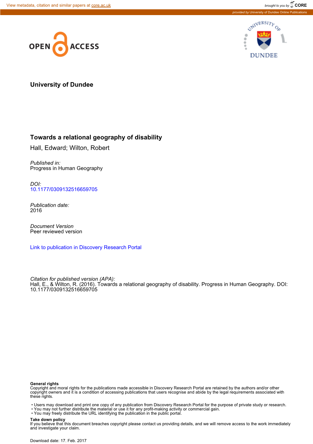 University of Dundee Towards a Relational Geography Of