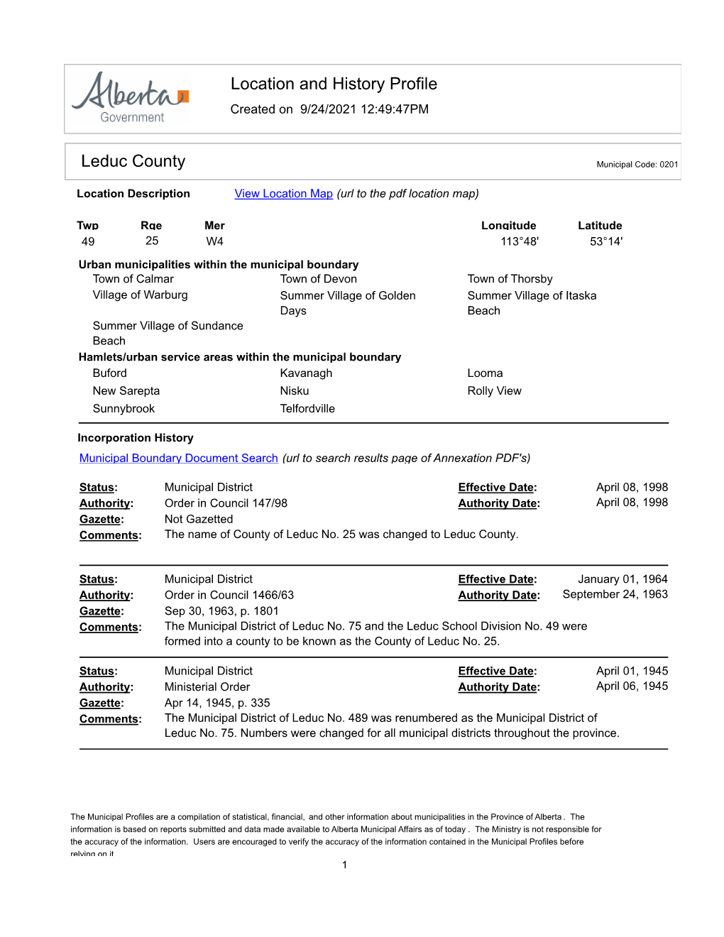 Location and History Profile Leduc County