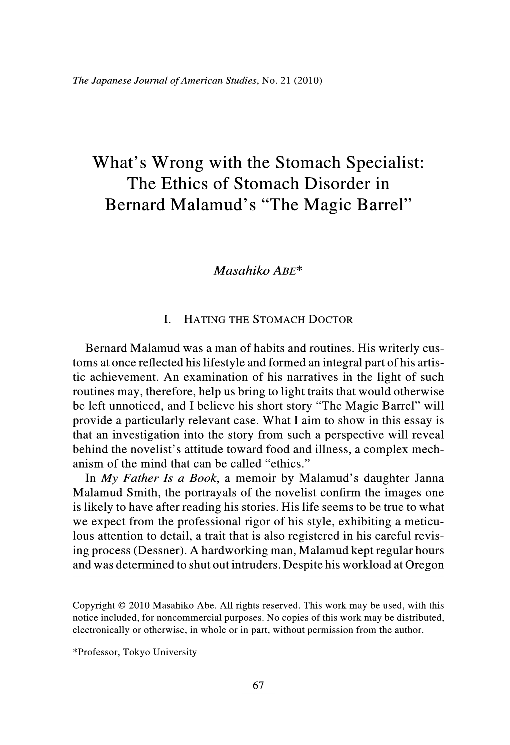 The Ethics of Stomach Disorder in Bernard Malamud's “The Magic