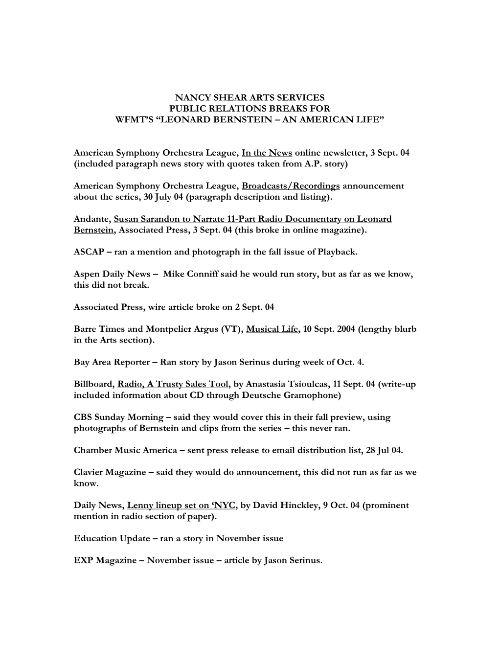 Nancy Shear Arts Services Public Relations Breaks for Wfmt’S “Leonard Bernstein – an American Life”