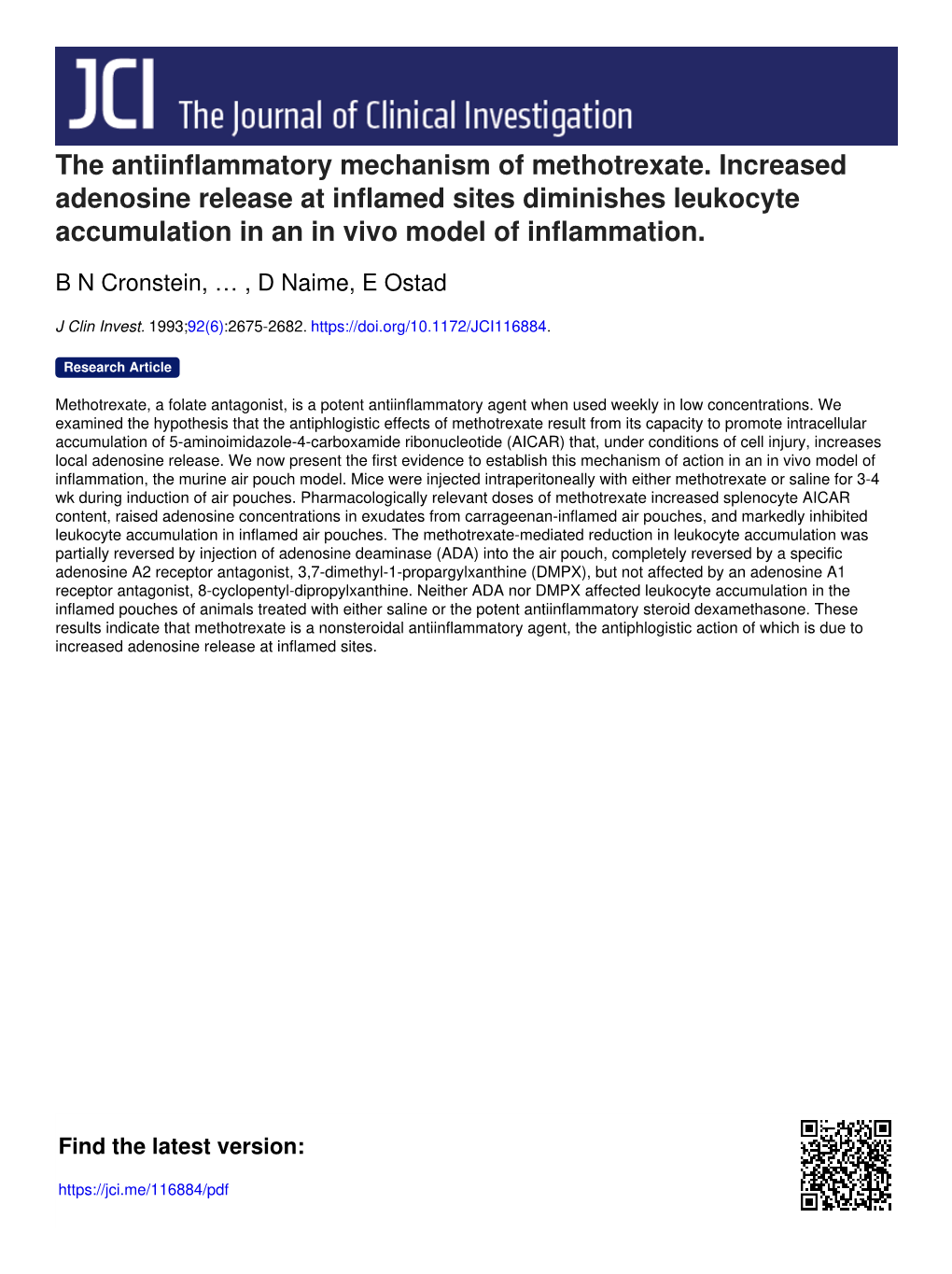 The Antiinflammatory Mechanism of Methotrexate. Increased Adenosine Release at Inflamed Sites Diminishes Leukocyte Accumulation in an in Vivo Model of Inflammation