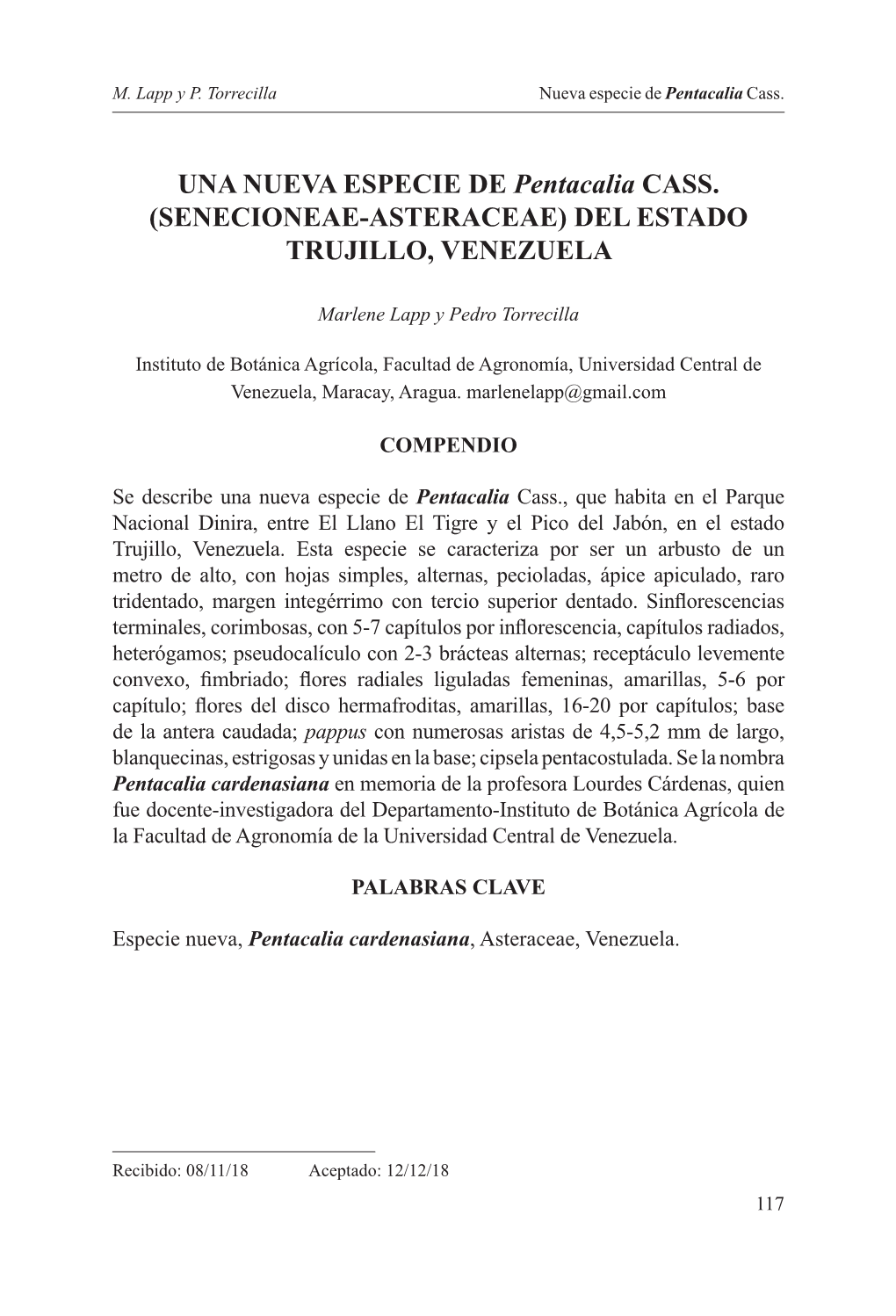 Senecioneae-Asteraceae) Del Estado Trujillo, Venezuela
