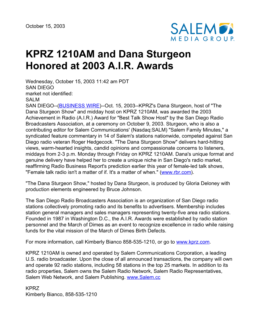 KPRZ 1210AM and Dana Sturgeon Honored at 2003 A.I.R. Awards