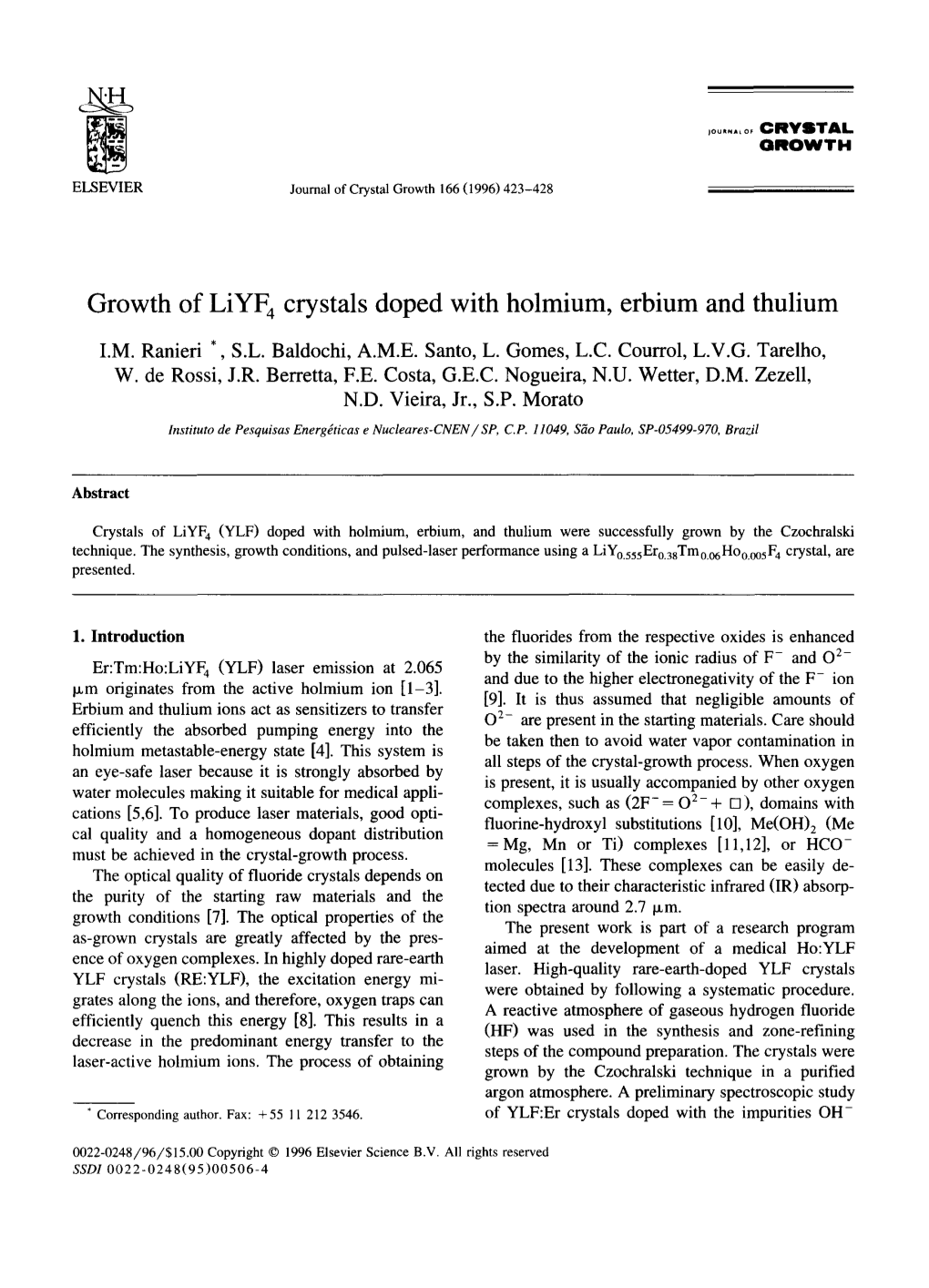 Growth of Liyf 4 Crystals Doped with Holmium, Erbium and Thulium