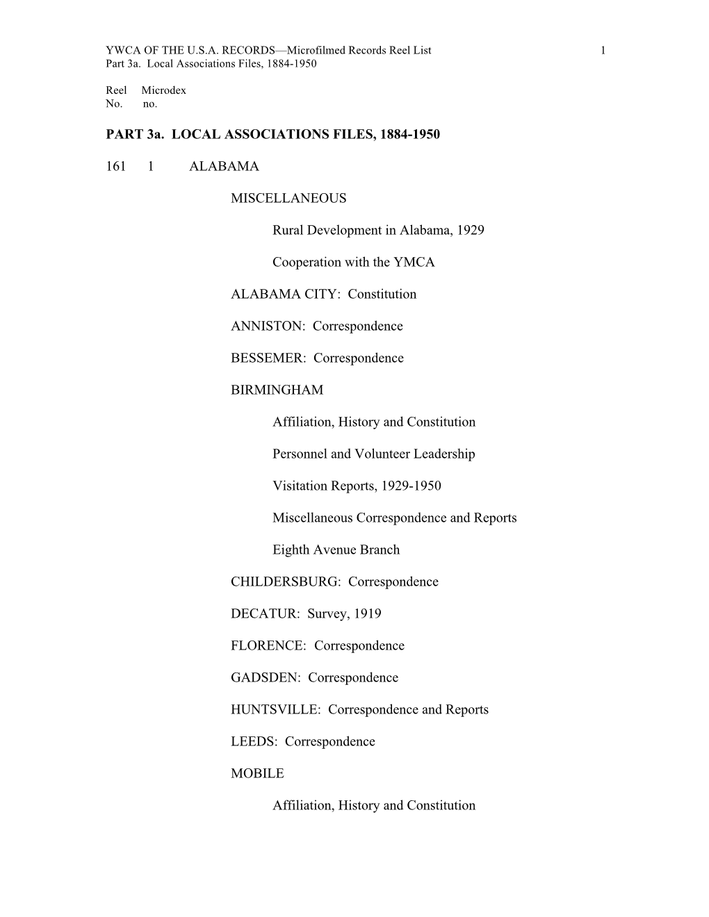 PART 3A. LOCAL ASSOCIATIONS FILES, 1884-1950 161 1 ALABAMA MISCELLANEOUS Rural Development in Alabama, 1929 Cooperation with Th