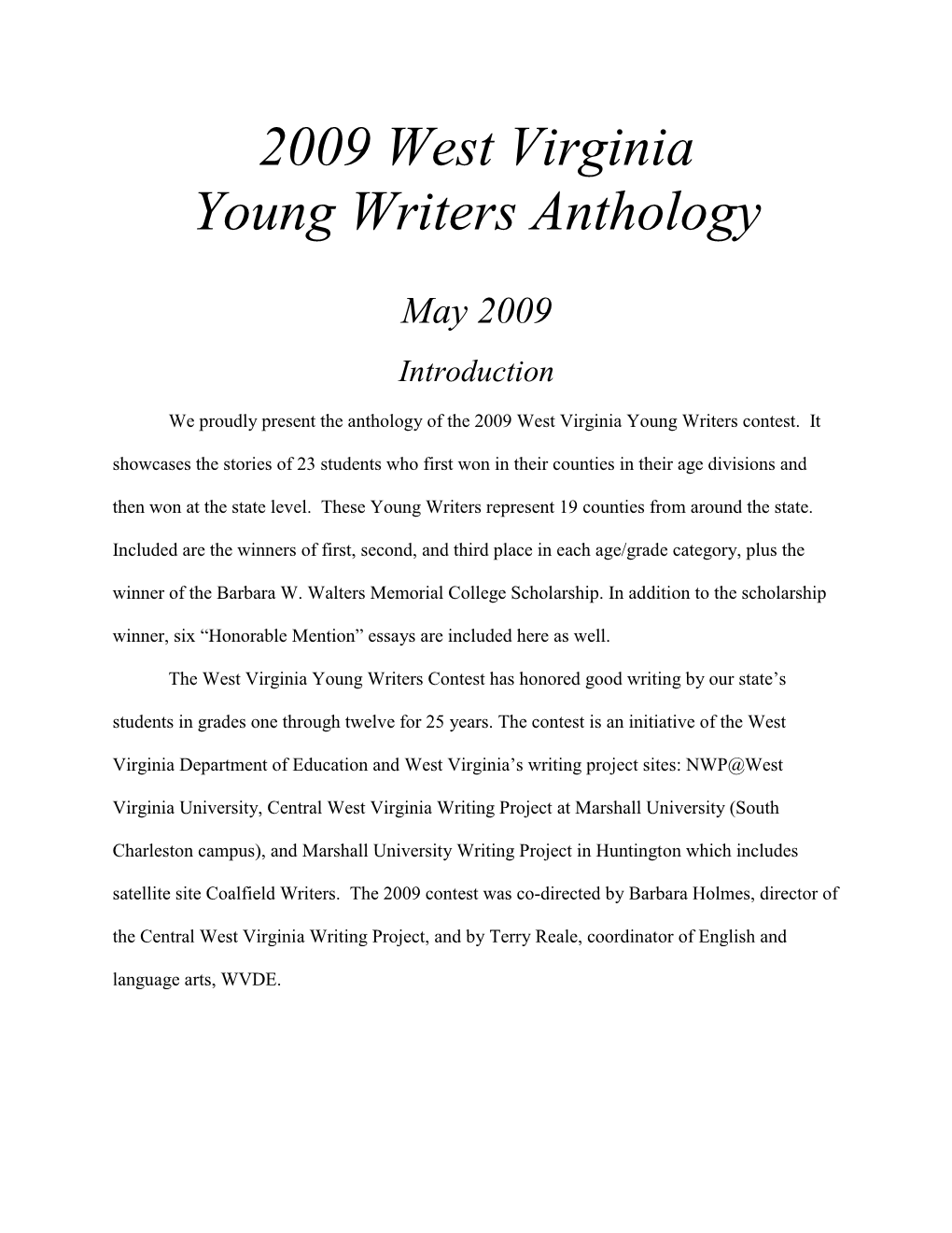 2009 West Virginia Young Writers Anthology