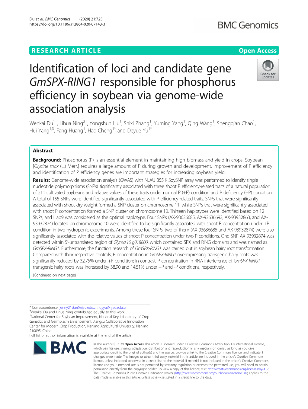 Identification of Loci and Candidate Gene Gmspx-RING1 Responsible for Phosphorus Efficiency in Soybean Via Genome-Wide Associati