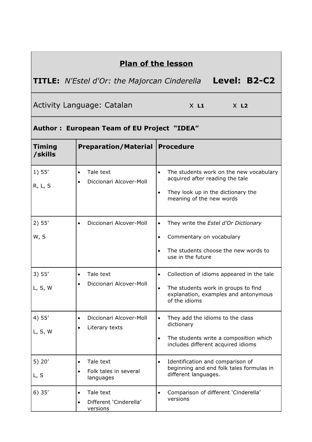 Sample Sheet for Exercises IDEA