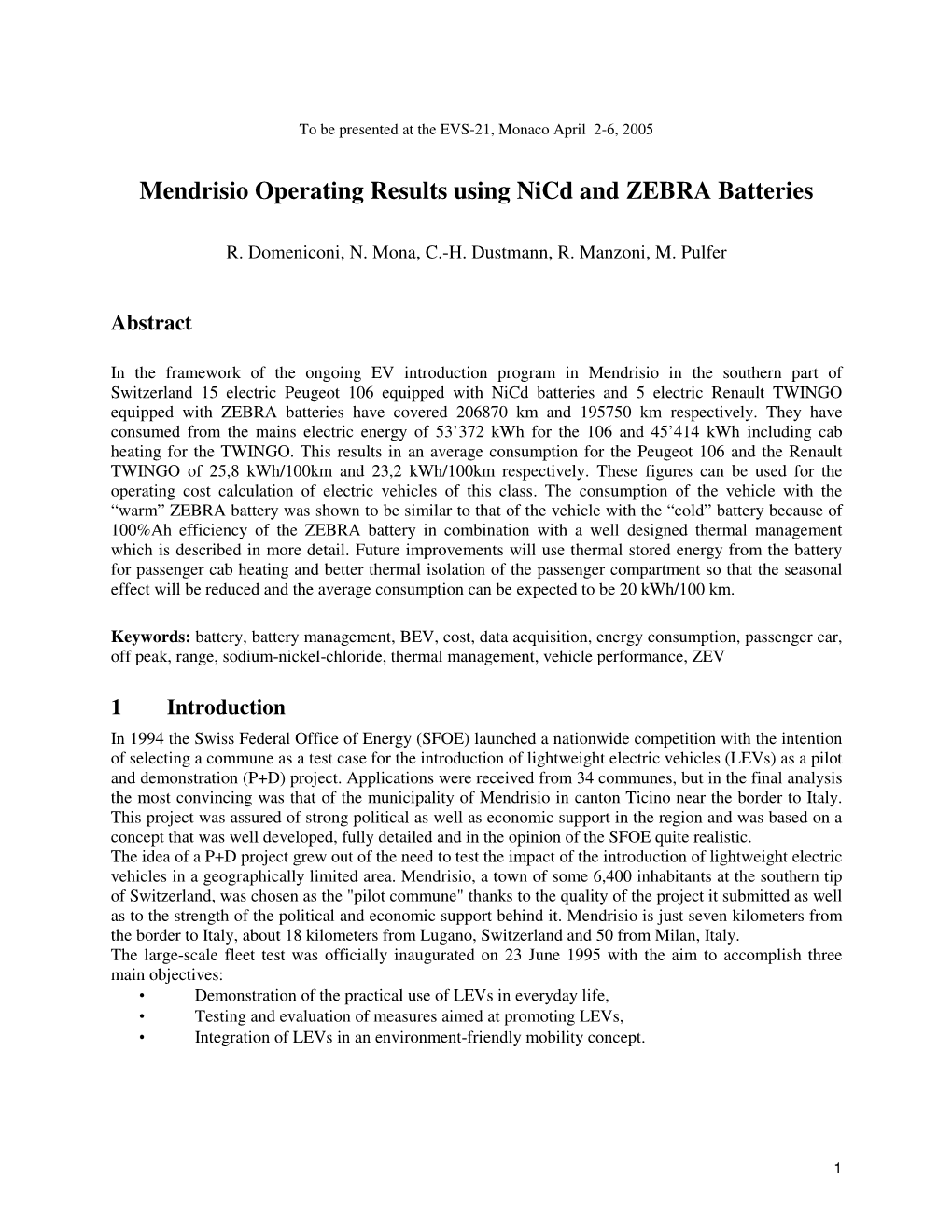 Mendrisio Operating Results Using Nicd and ZEBRA Batteries