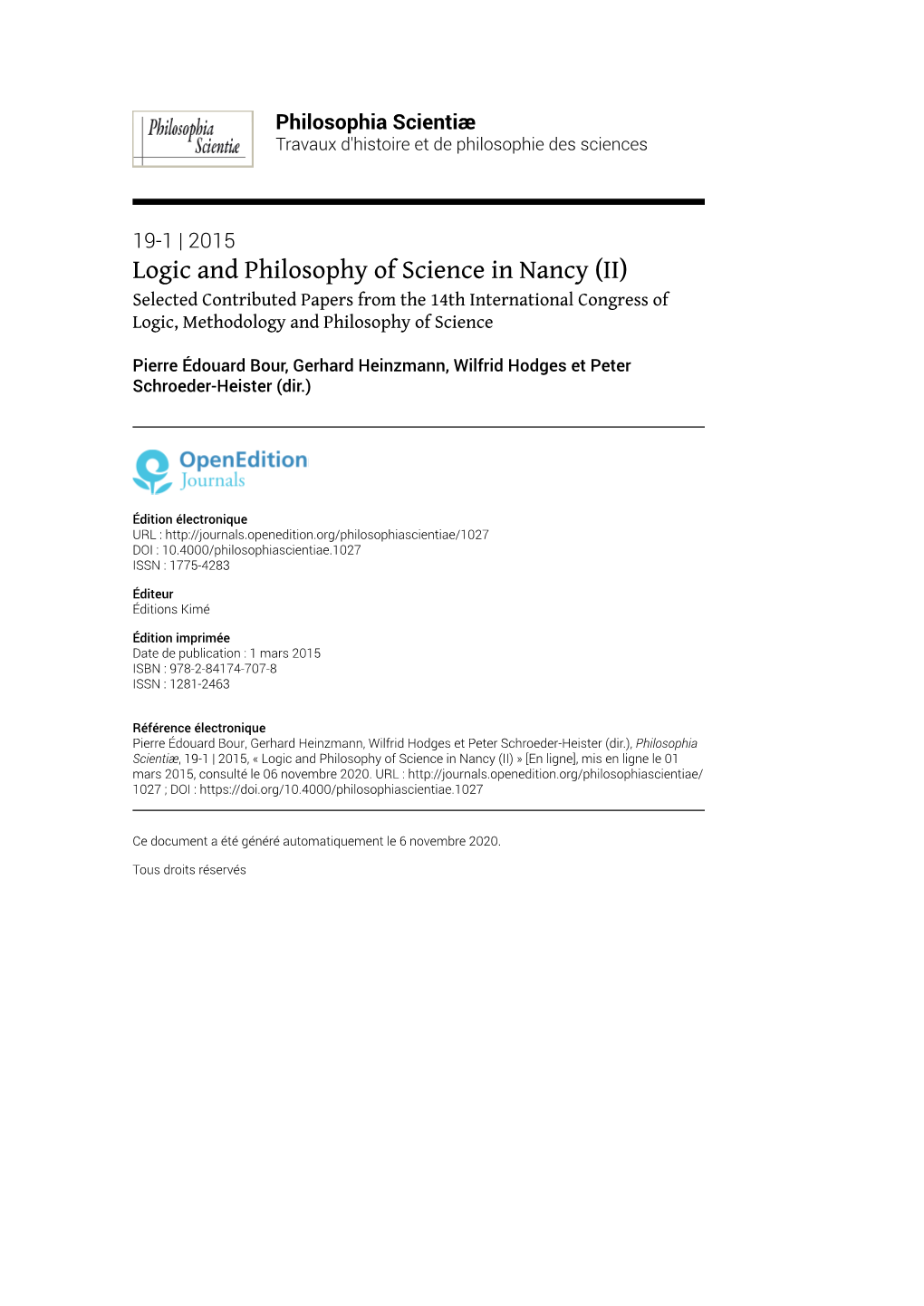 Philosophia Scientiæ, 19-1 | 2015, « Logic and Philosophy of Science in Nancy (II) » [En Ligne], Mis En Ligne Le 01 Mars 2015, Consulté Le 06 Novembre 2020