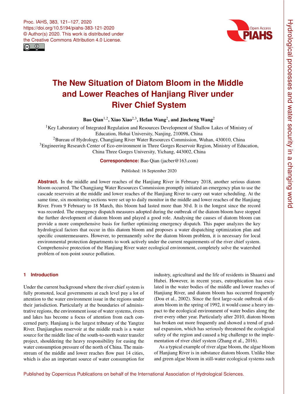 The New Situation of Diatom Bloom in the Middle and Lower Reaches of Hanjiang River Under River Chief System