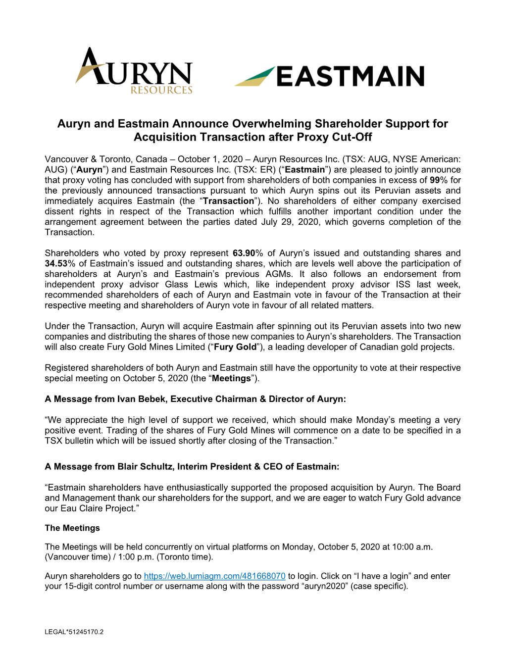 Auryn and Eastmain Announce Overwhelming Shareholder Support for Acquisition Transaction After Proxy Cut-Off