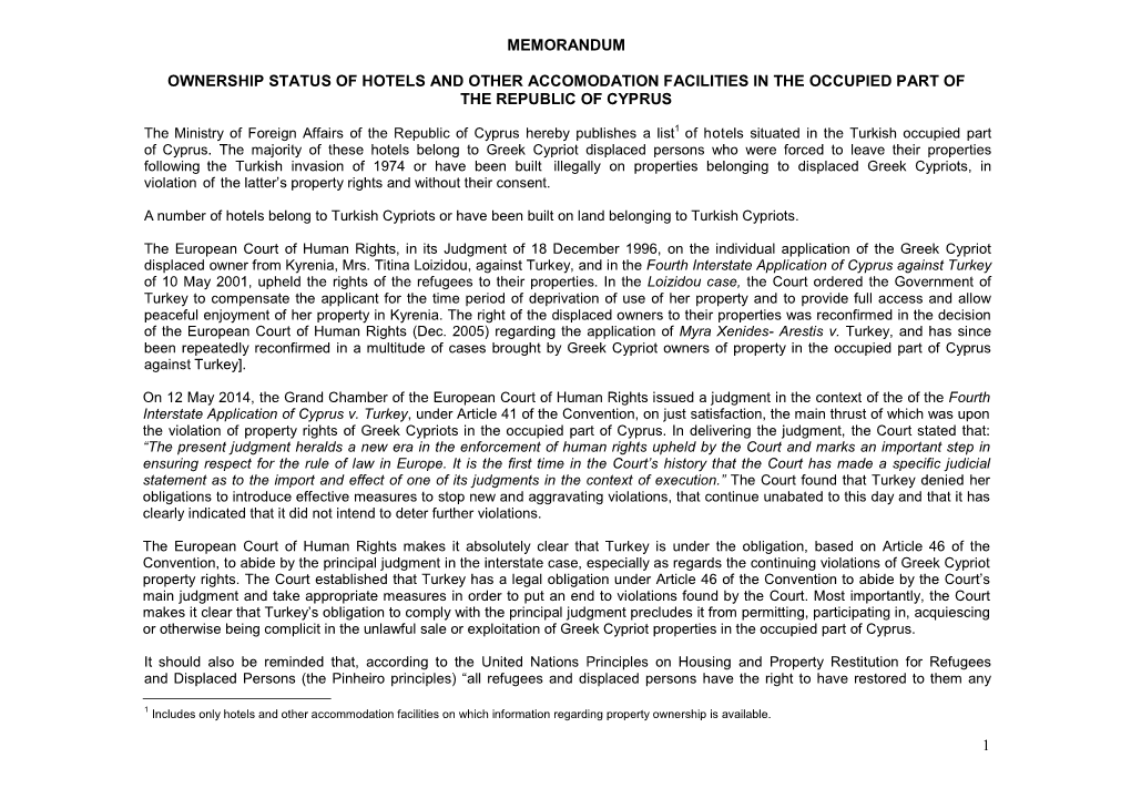 Memorandum Ownership Status of Hotels and Other Accomodation