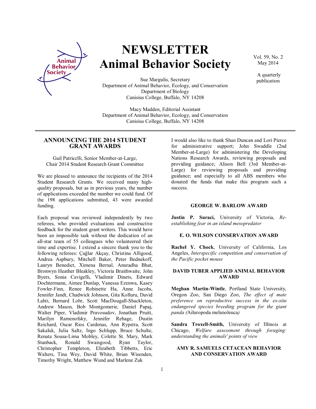 NEWSLETTER Animal Behavior Society