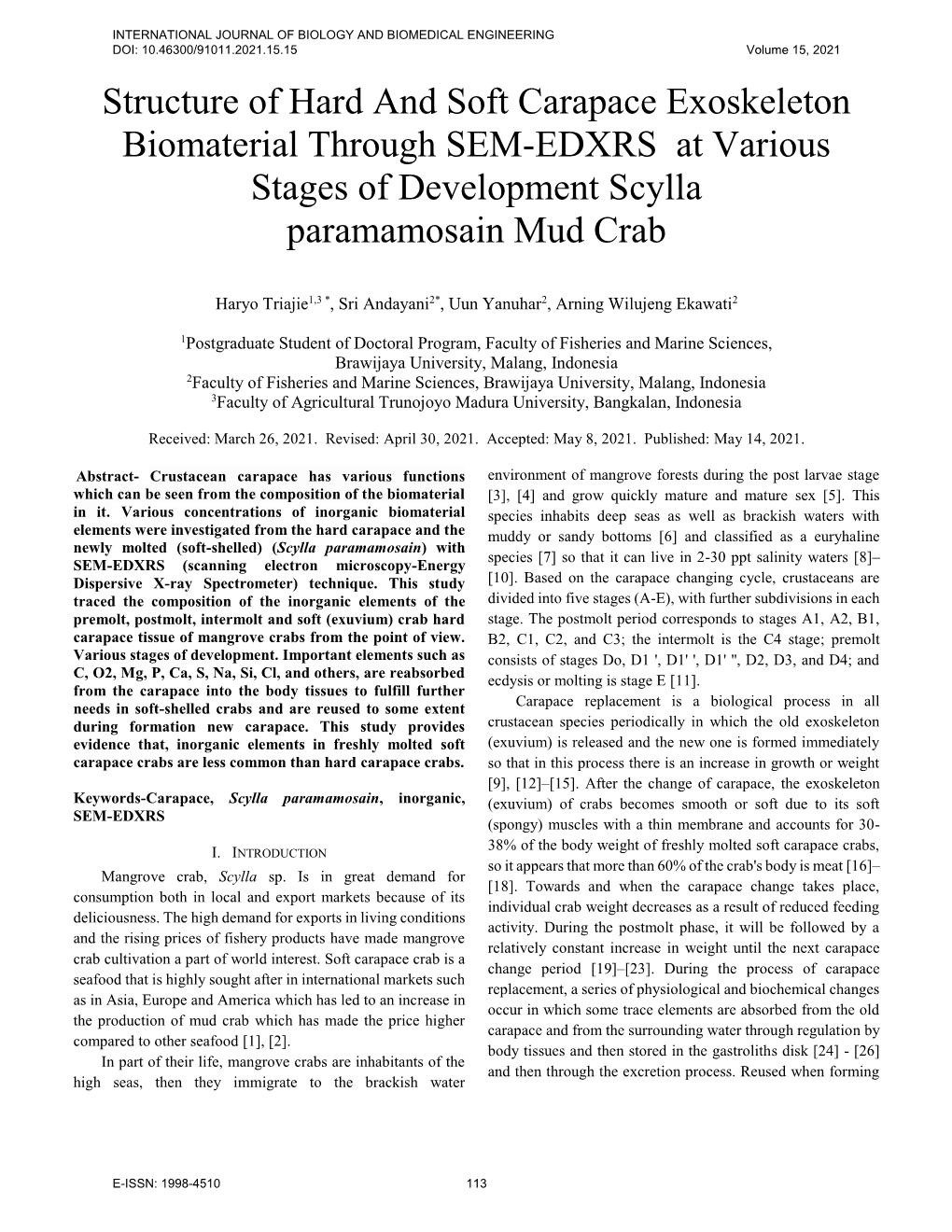 Structure of Hard and Soft Carapace Exoskeleton Biomaterial Through SEM-EDXRS at Various Stages of Development Scylla Paramamosain Mud Crab