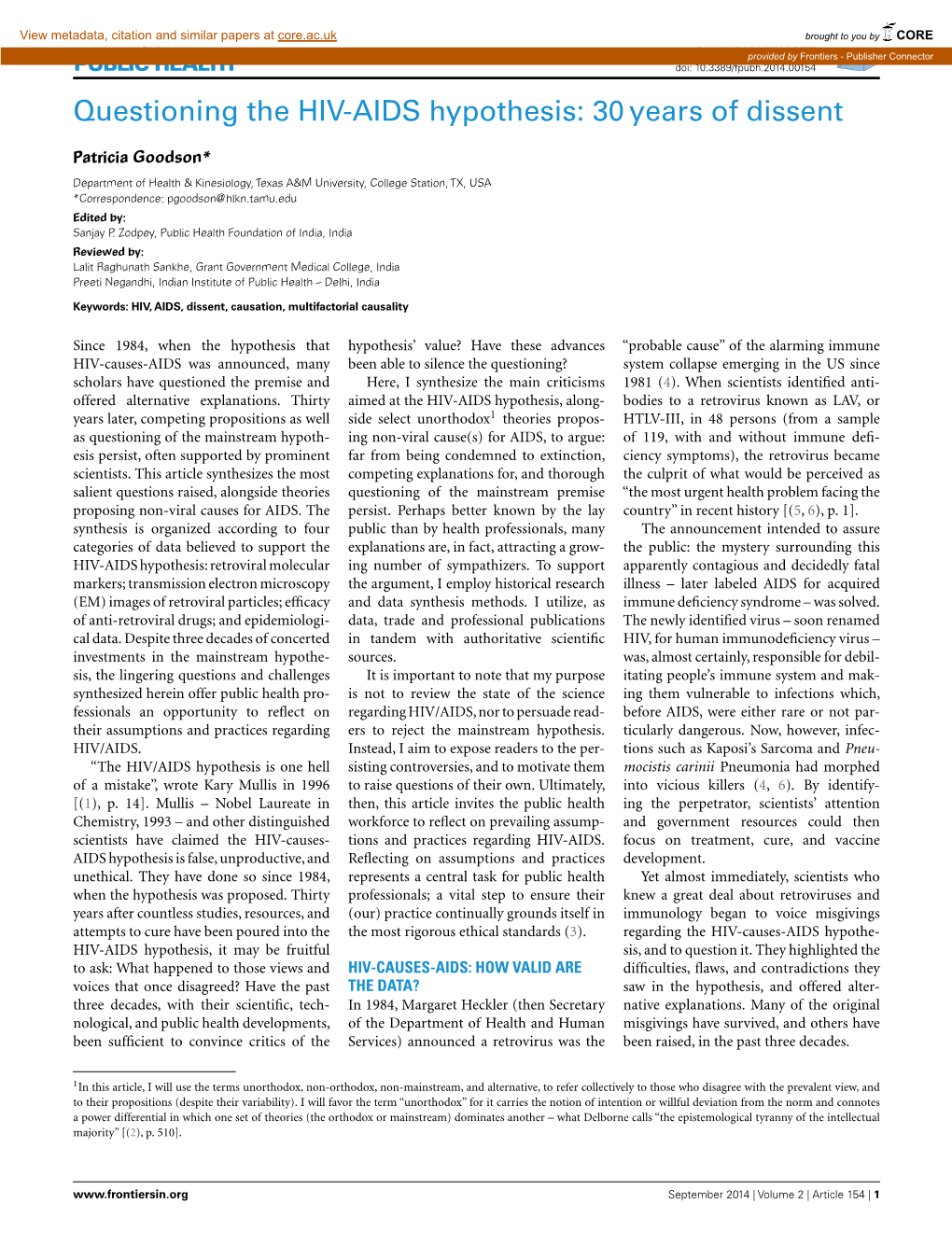 Questioning the HIV-AIDS Hypothesis: 30 Years of Dissent