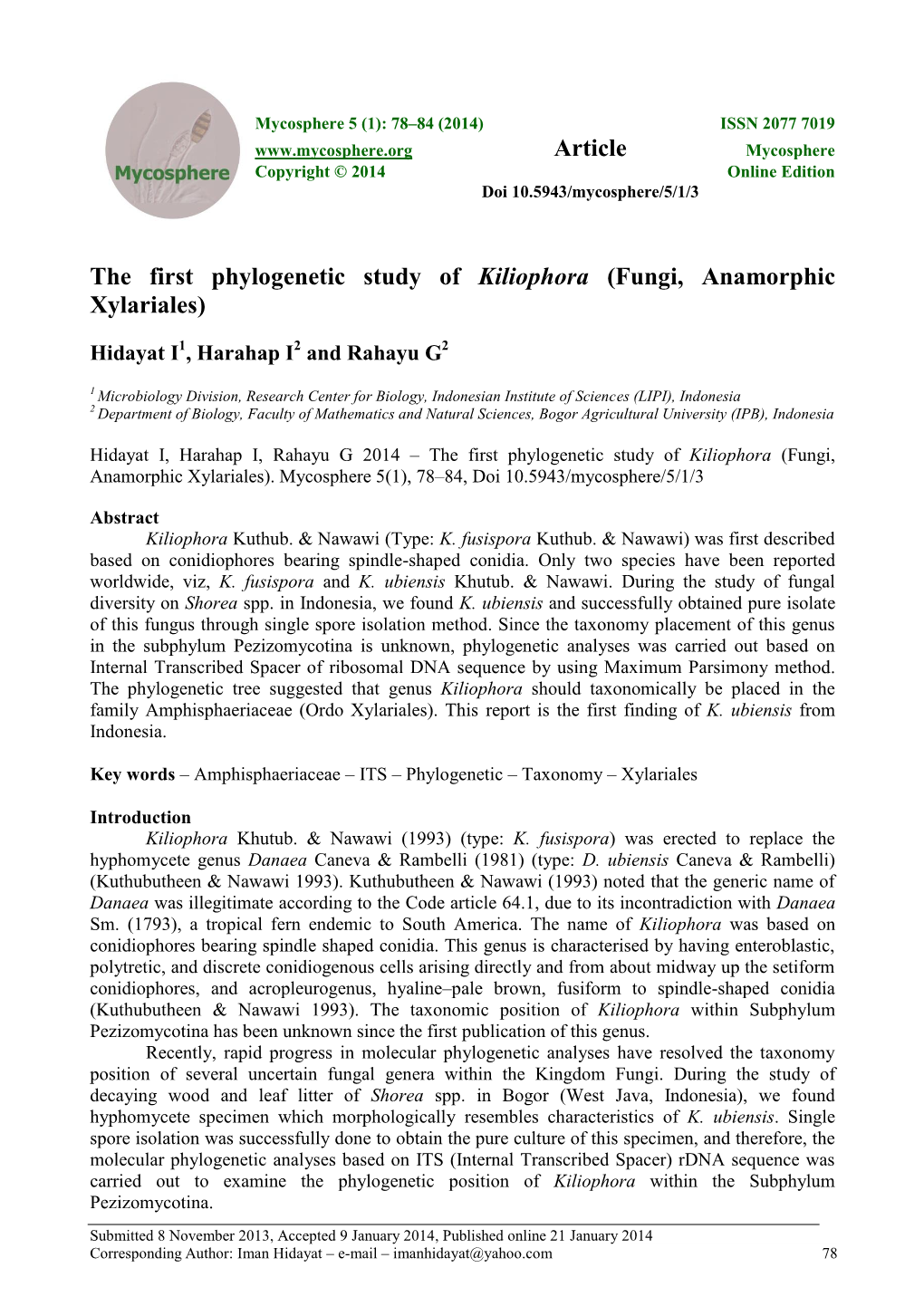 The First Phylogenetic Study of Kiliophora (Fungi, Anamorphic Xylariales)
