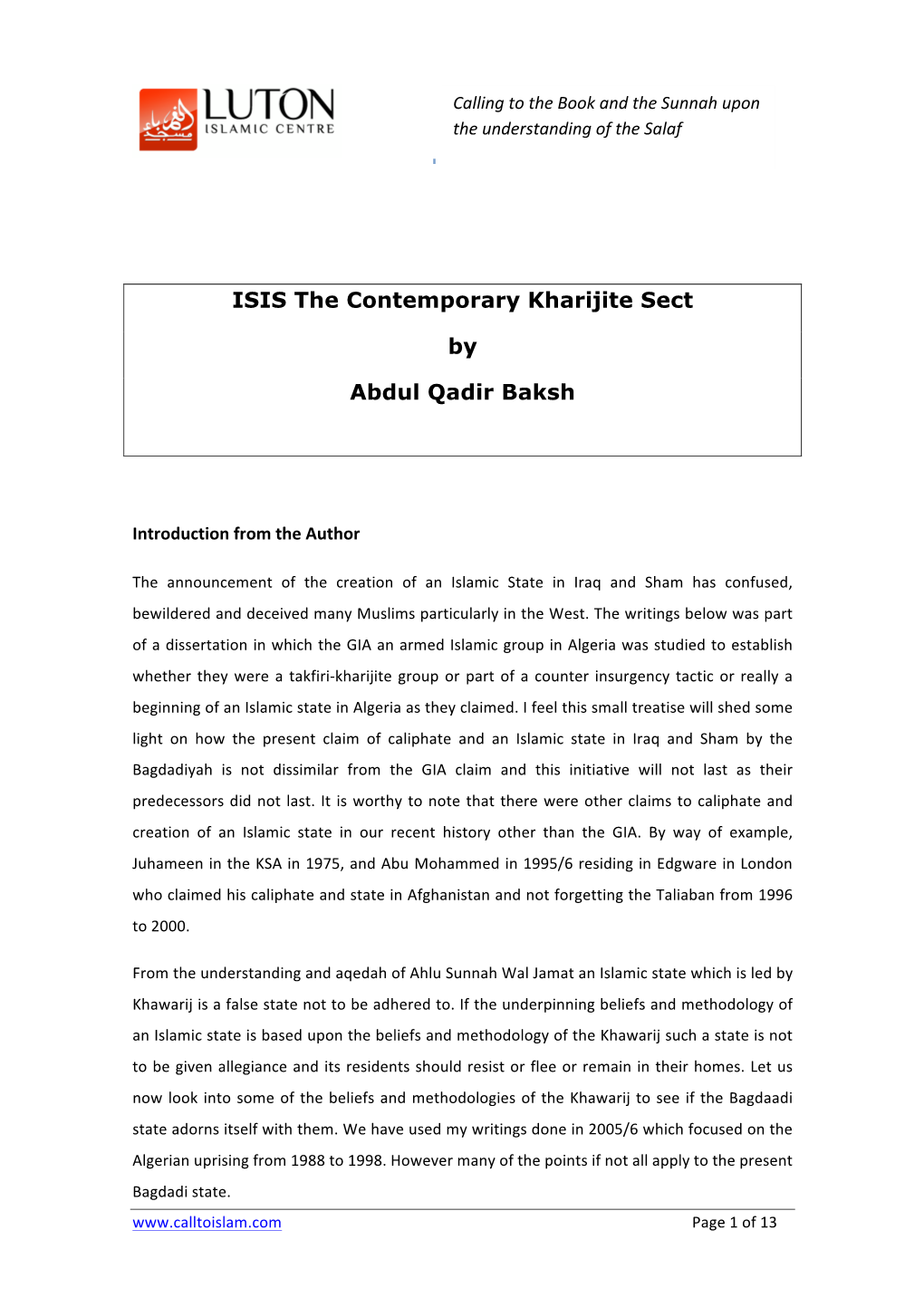 ISIS the Contemporary Kharijite Sect