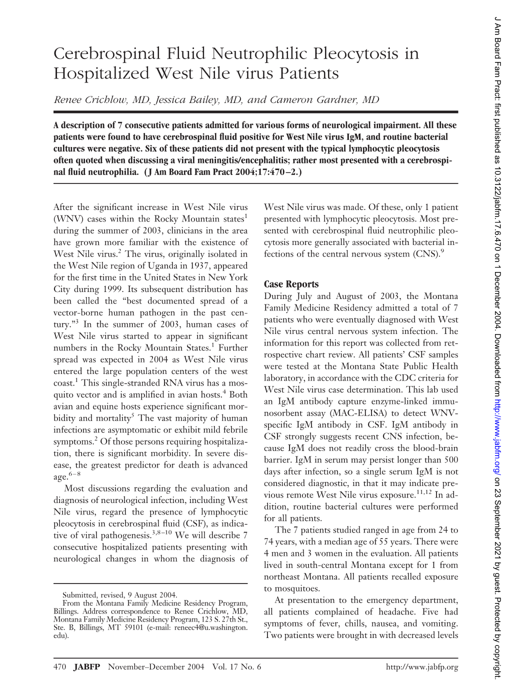 Cerebrospinal Fluid Neutrophilic Pleocytosis in Hospitalized West Nile Virus Patients