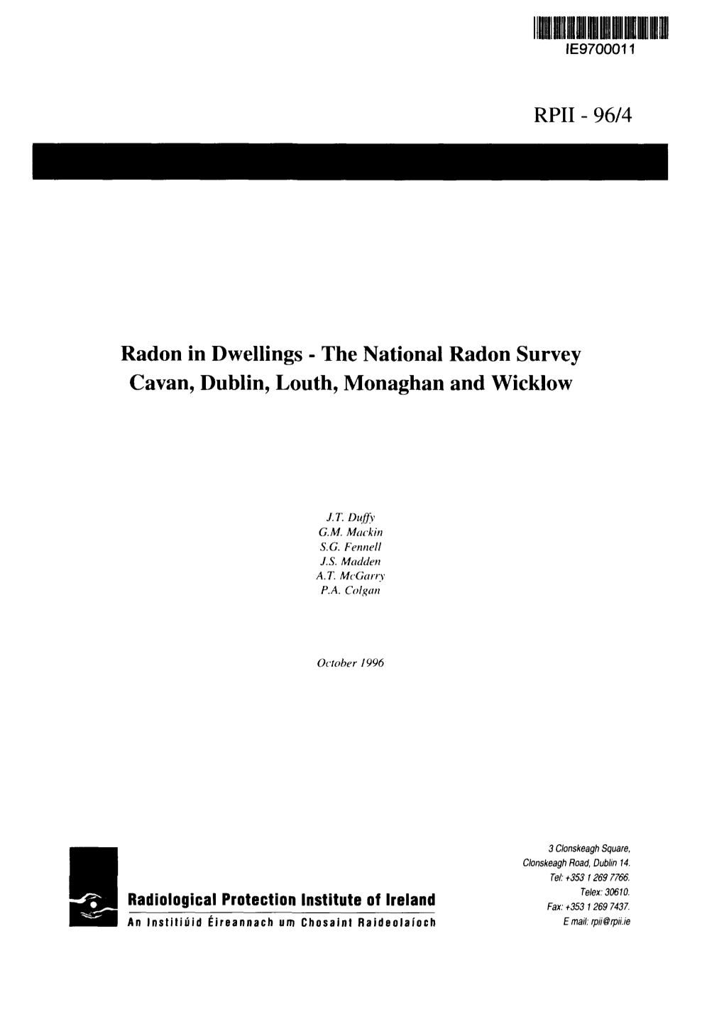 The National Radon Survey Cavan, Dublin, Louth, Monaghan and Wicklow