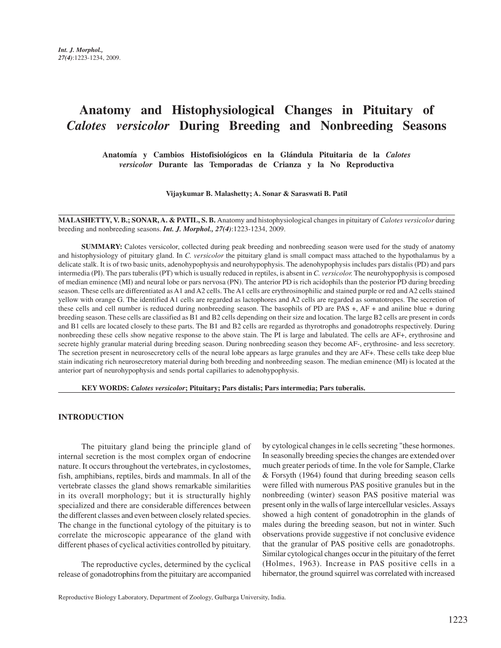 Anatomy and Histophysiological Changes in Pituitary of Calotes Versicolor During Breeding and Nonbreeding Seasons