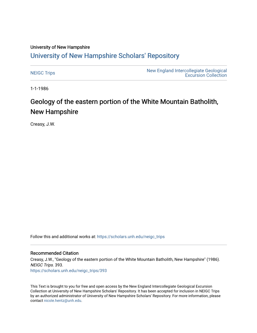 Geology of the Eastern Portion of the White Mountain Batholith, New Hampshire