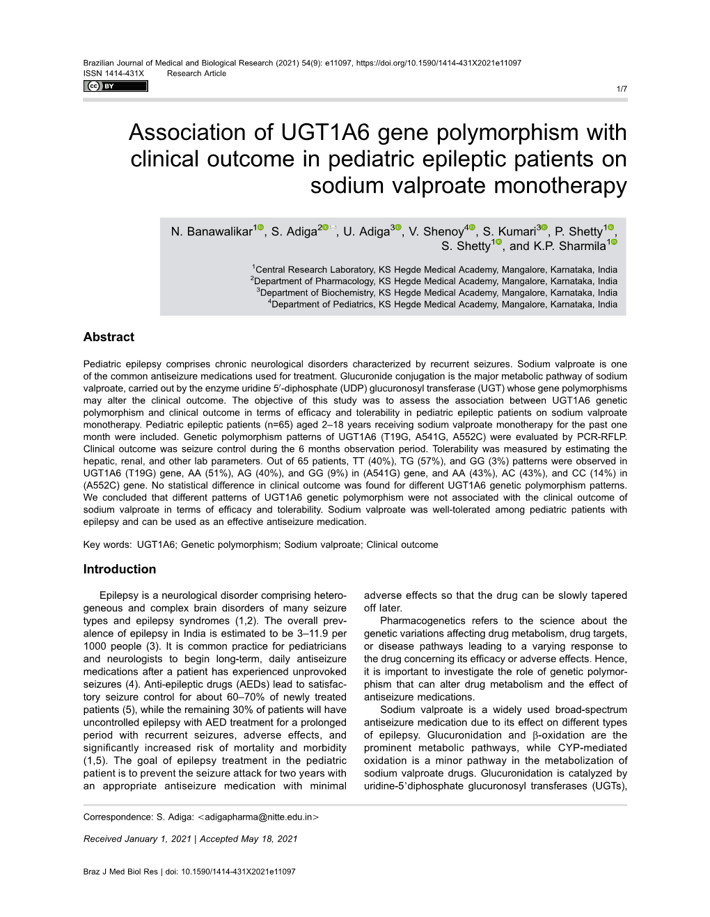 Association of UGT1A6 Gene Polymorphism with Clinical Outcome in Pediatric Epileptic Patients on Sodium Valproate Monotherapy
