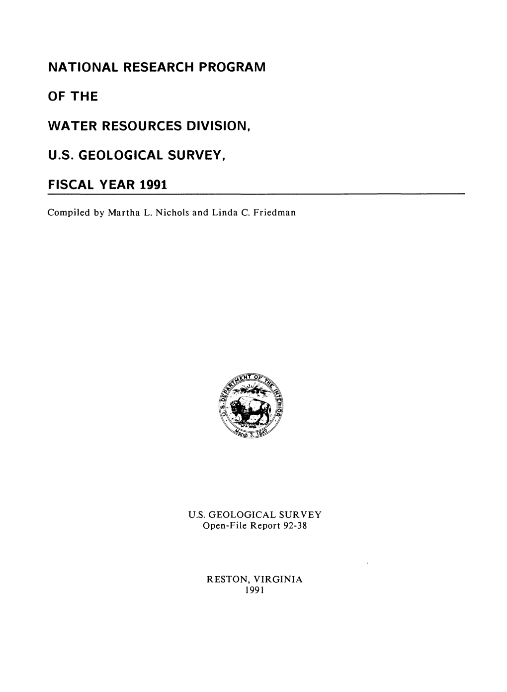National Research Program of the Water Resources Division, U.S. Geological Survey, Fiscal Year 1991