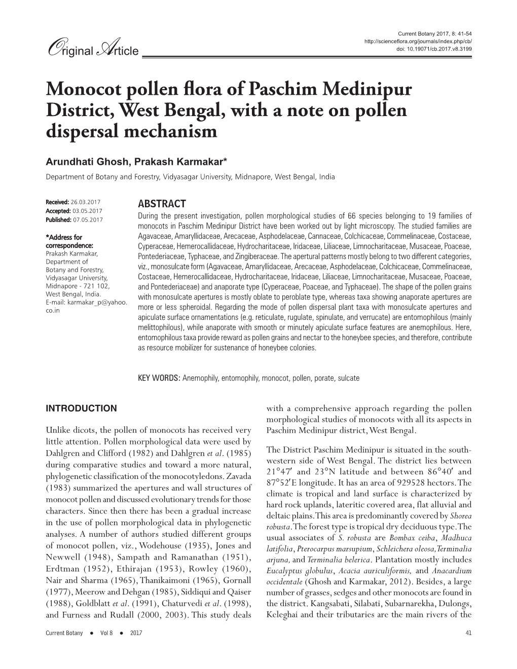 Monocot Pollen Flora of Paschim Medinipur District, West Bengal, with a Note on Pollen Dispersal Mechanism