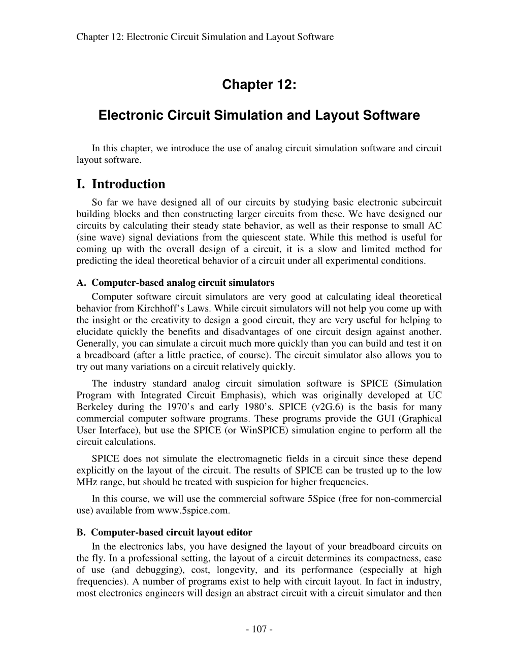 Chapter 12: Electronic Circuit Simulation and Layout Software I. Introduction