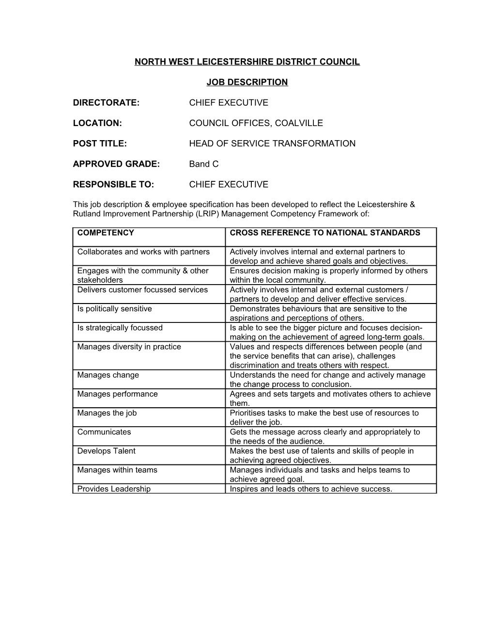 Outline Role Specifications Heads of Service